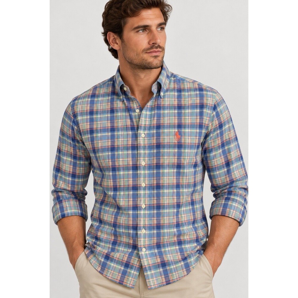 Polo Ralph Lauren Men Small Plaid Button Down Shirt Blue Green Coral Long Sleeve